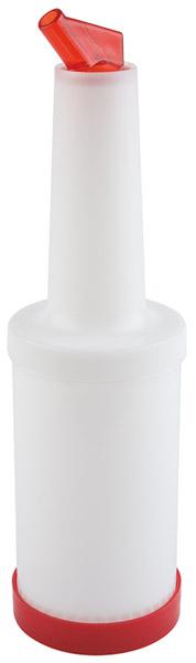 Weiße Flasche mit rotem Ausgießer.