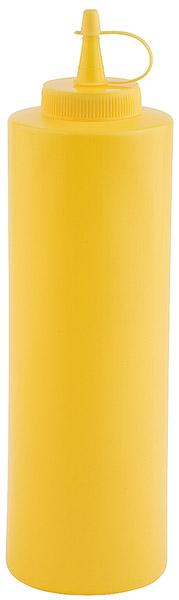 Gelbe Squeeze-Flasche mit Deckel.