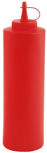Rote Saucenflasche mit Deckel.