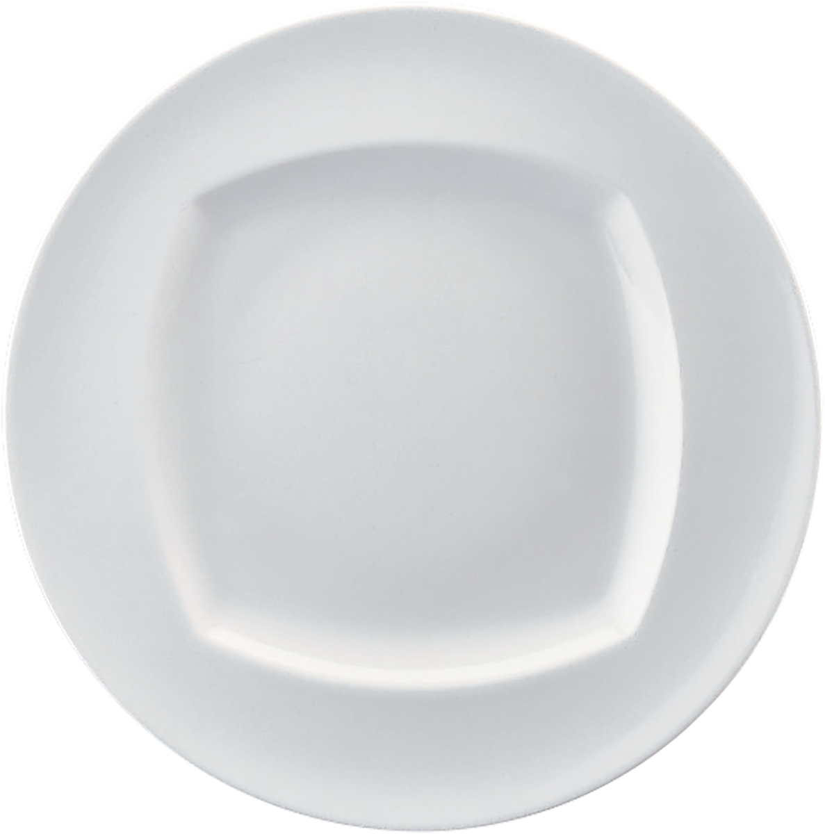 Weißer, quadratischer Porzellanteller obenansicht.