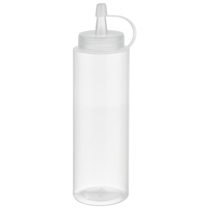 Durchsichtige Quetschflasche mit Deckel.