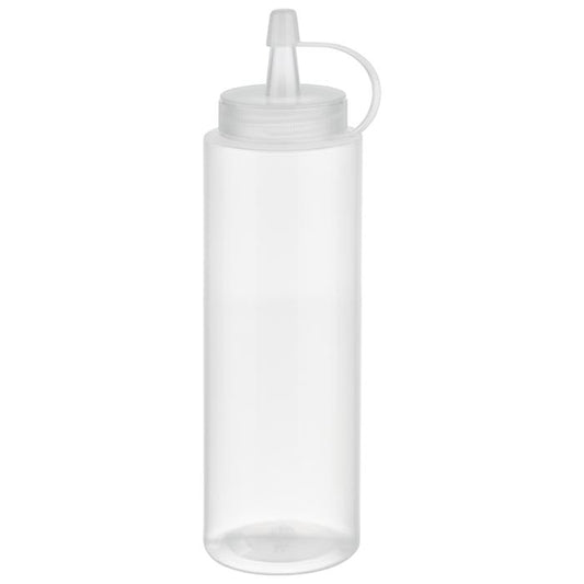 Durchsichtige Quetschflasche mit Deckel.