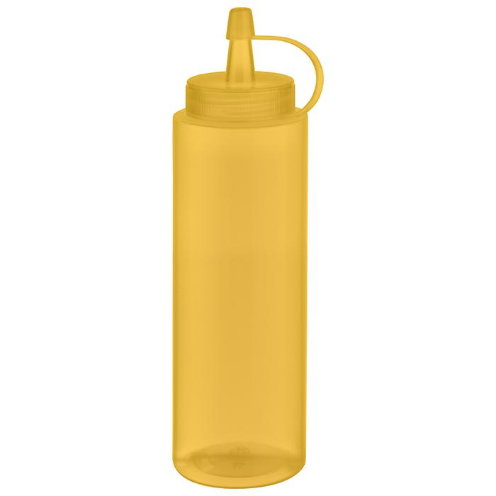 Gelbe Squeeze-Flasche mit Deckel.
