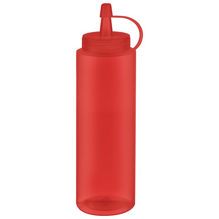 Rote Saucenflasche mit Deckel.