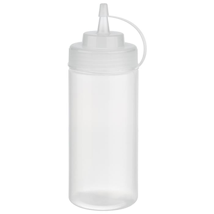 Transparente Squeeze-Flasche mit Deckel.
