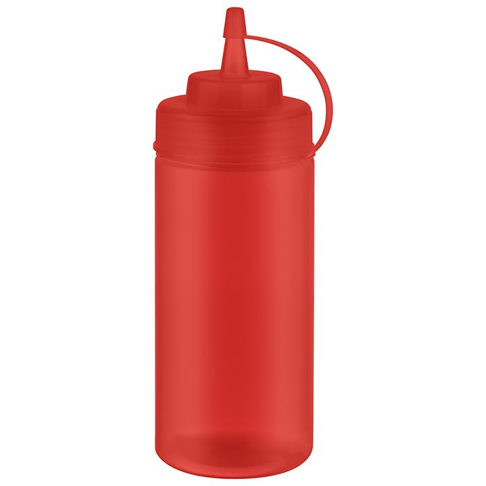 Rote Squeeze-Flasche mit Deckel.