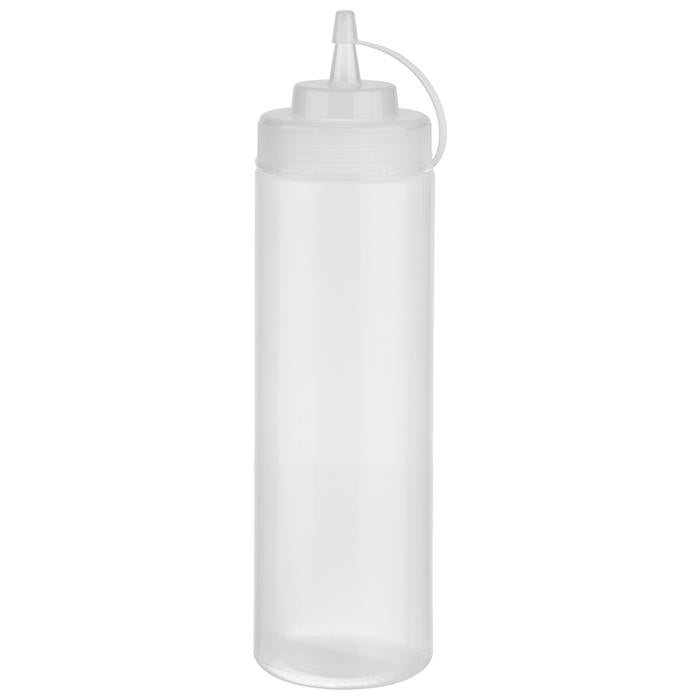 Transparente Quetschflasche mit Deckel.