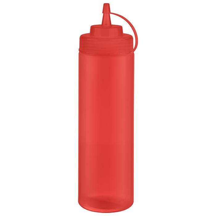 Rote Saucenflasche mit Deckel.