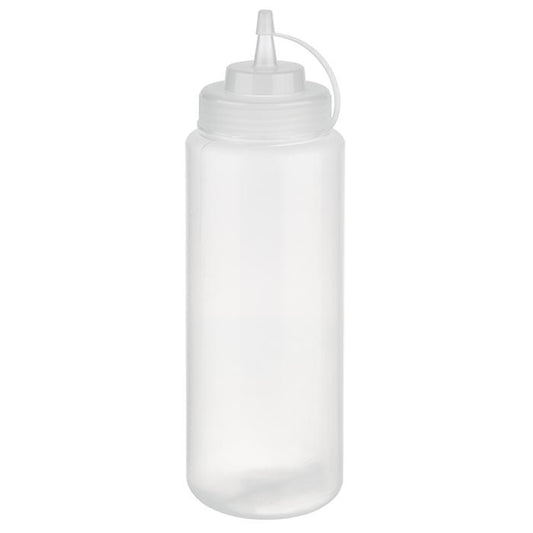 Durchsichtige Quetschflasche mit Deckel.