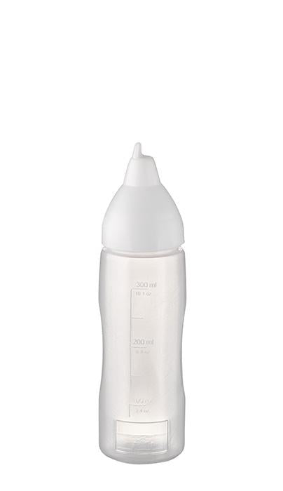 Transparente Saucenflasche mit Skala.
