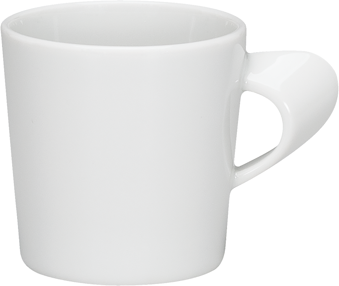 Weiße Tasse mit Henkel.