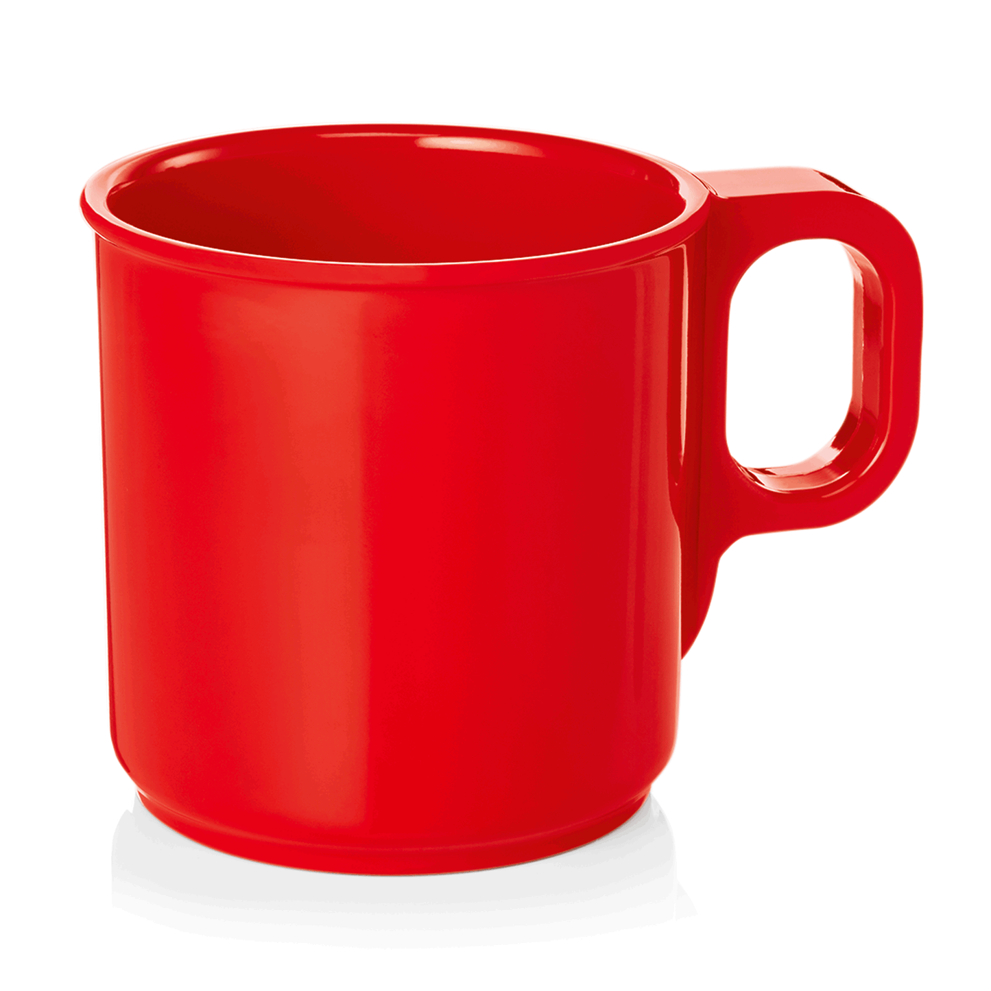 Roter Becher mit Henkel.