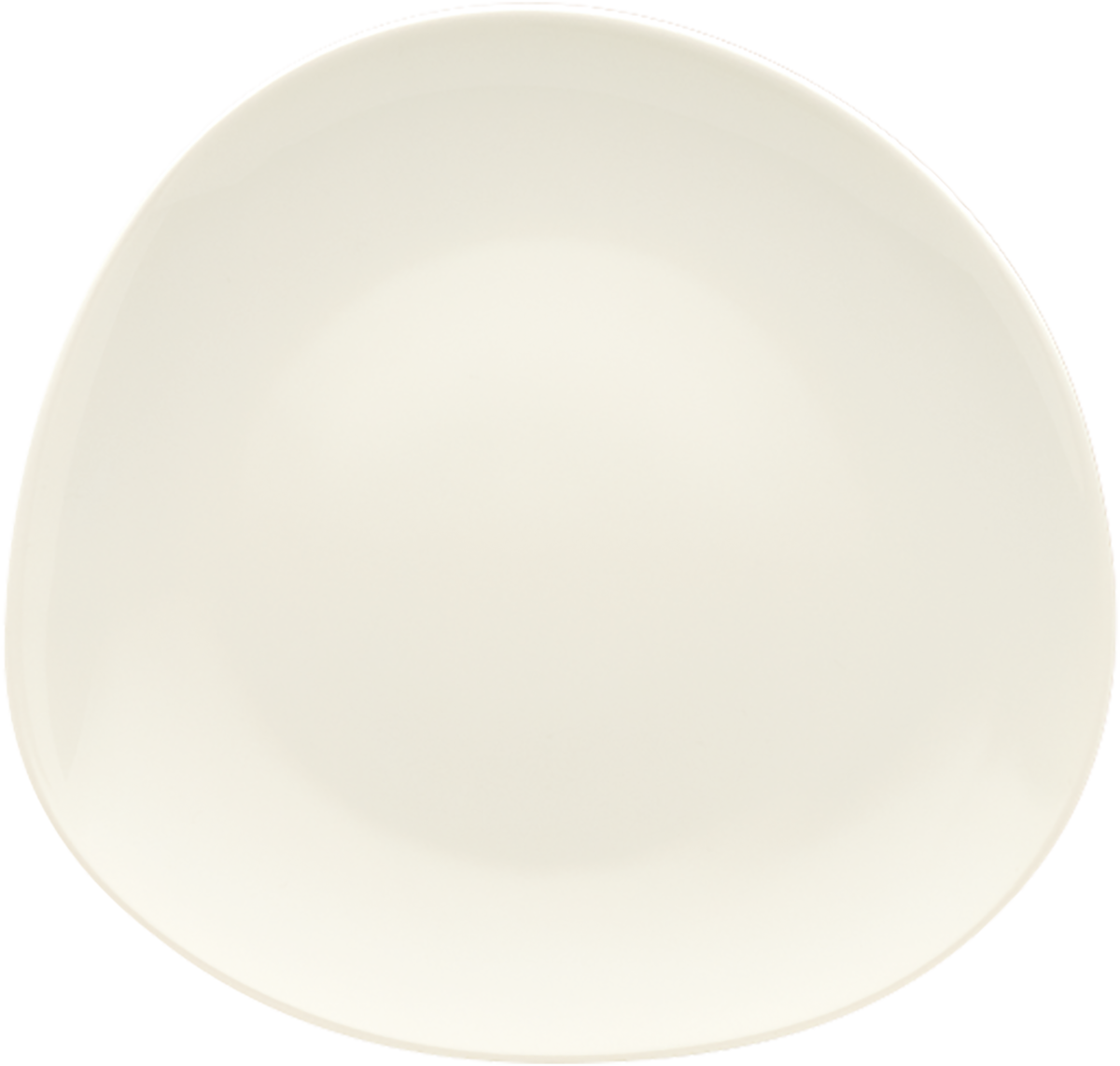 Weißer, asymmetrischer Teller, obenansicht.
