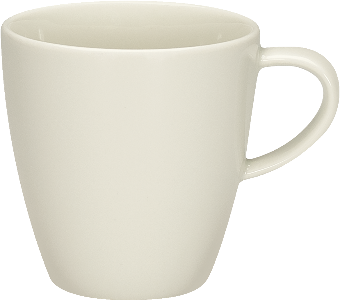 Weiße Tasse mit Henkel.