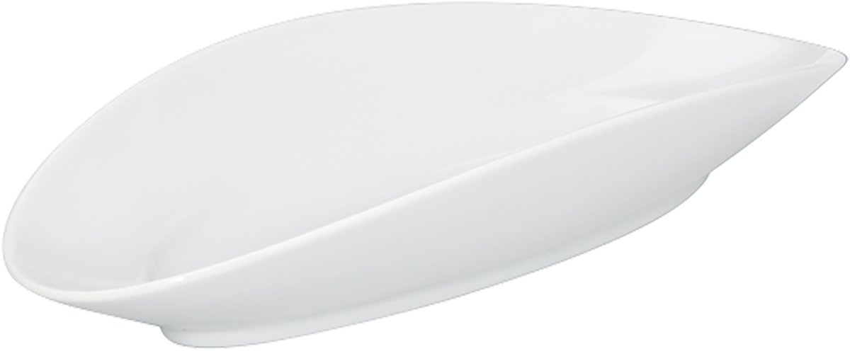Weißer Porzellanteller, geschwungene Form.