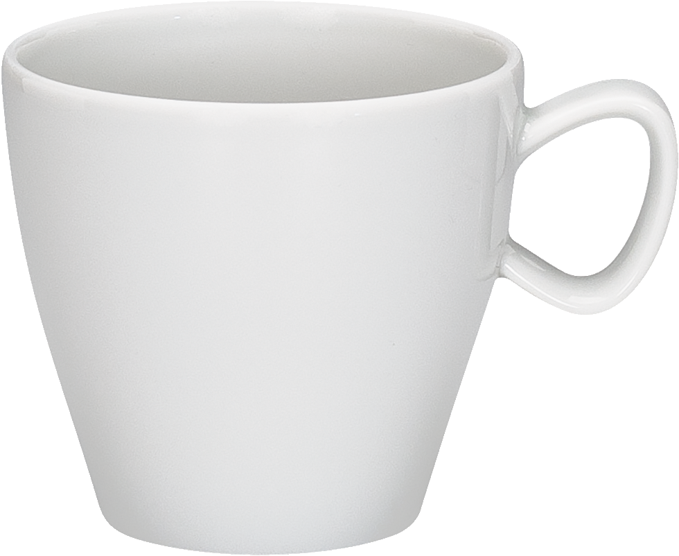 Weiße Tasse mit Henkel.