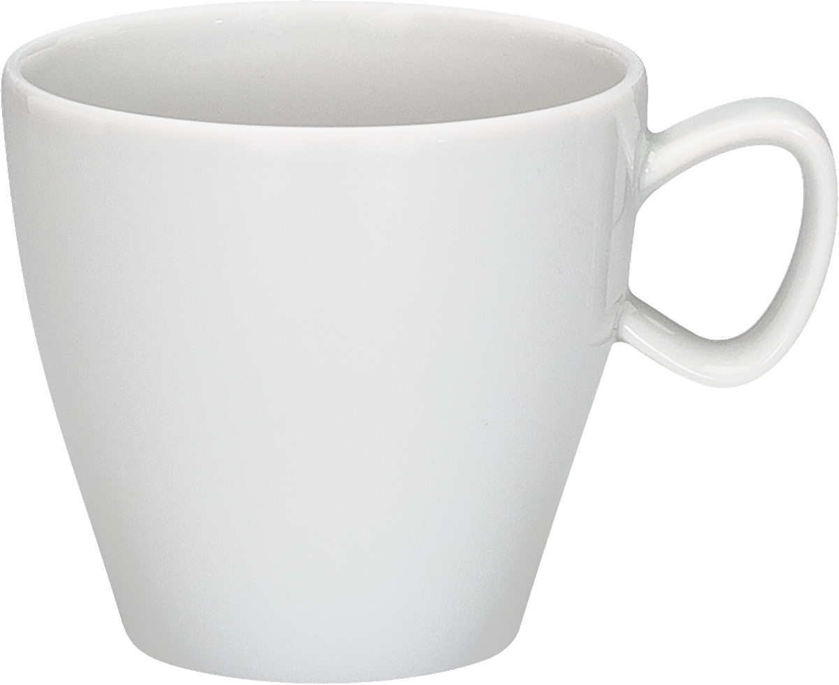 Weiße Tasse mit Henkel.