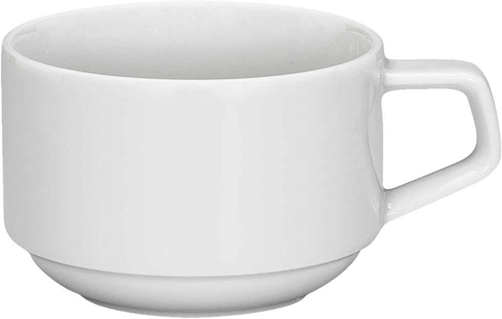 Weiße Tasse mit Henkel.
