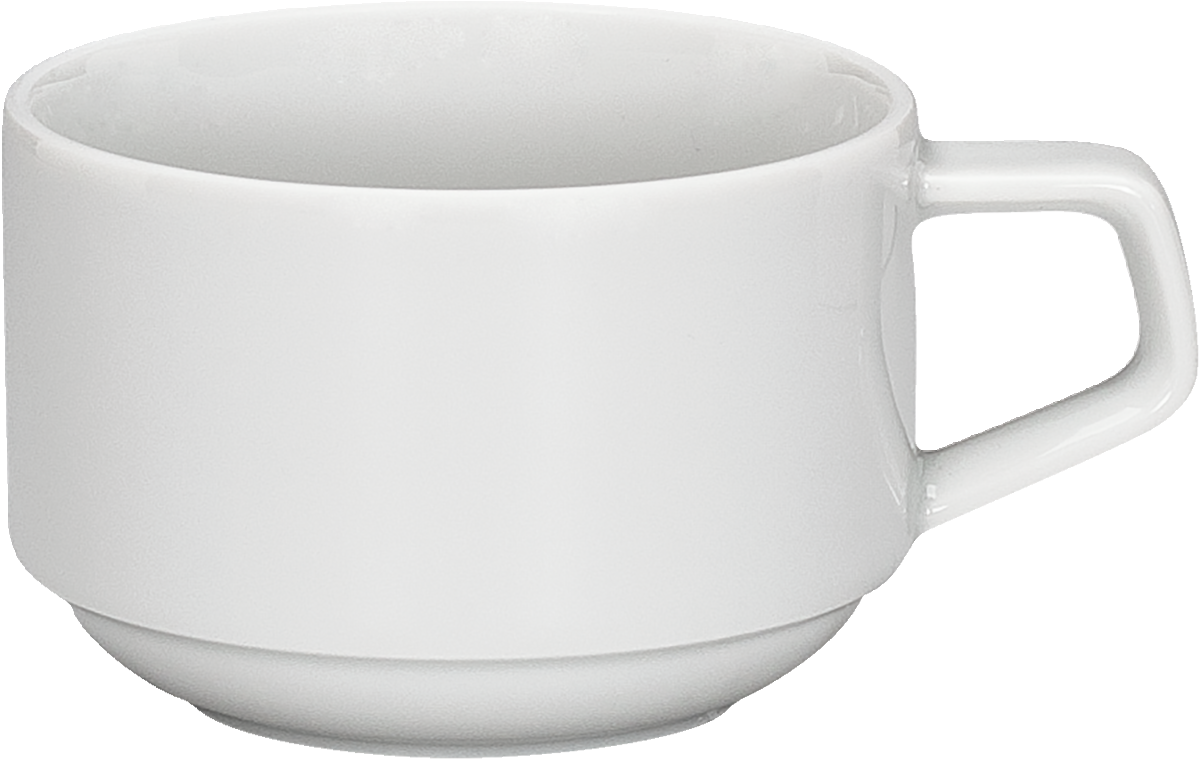 Weiße Tasse mit Henkel.