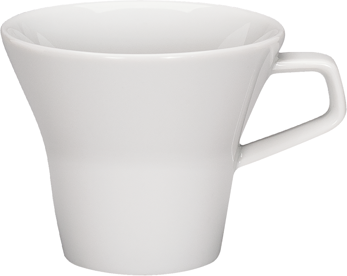 Weiße Tasse mit Henkel.