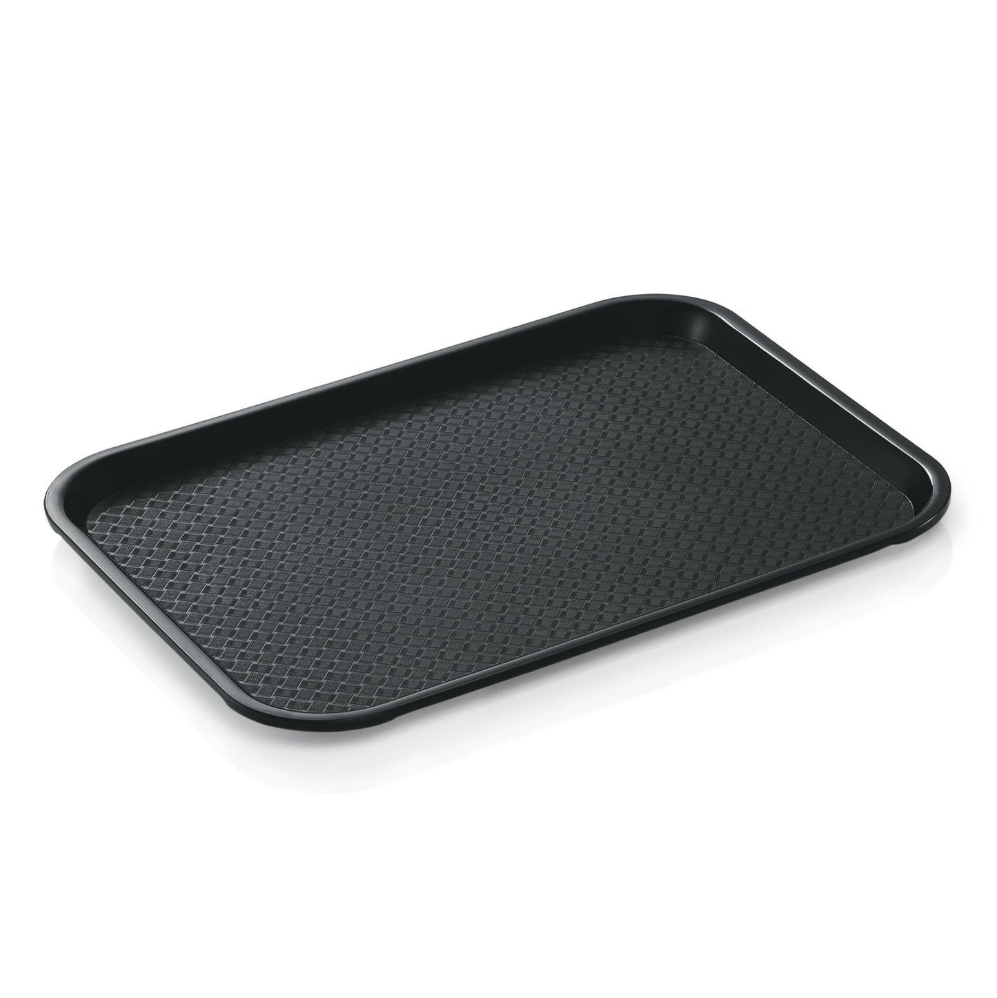 Schwarzes Tablett mit rutschfester Oberfläche.