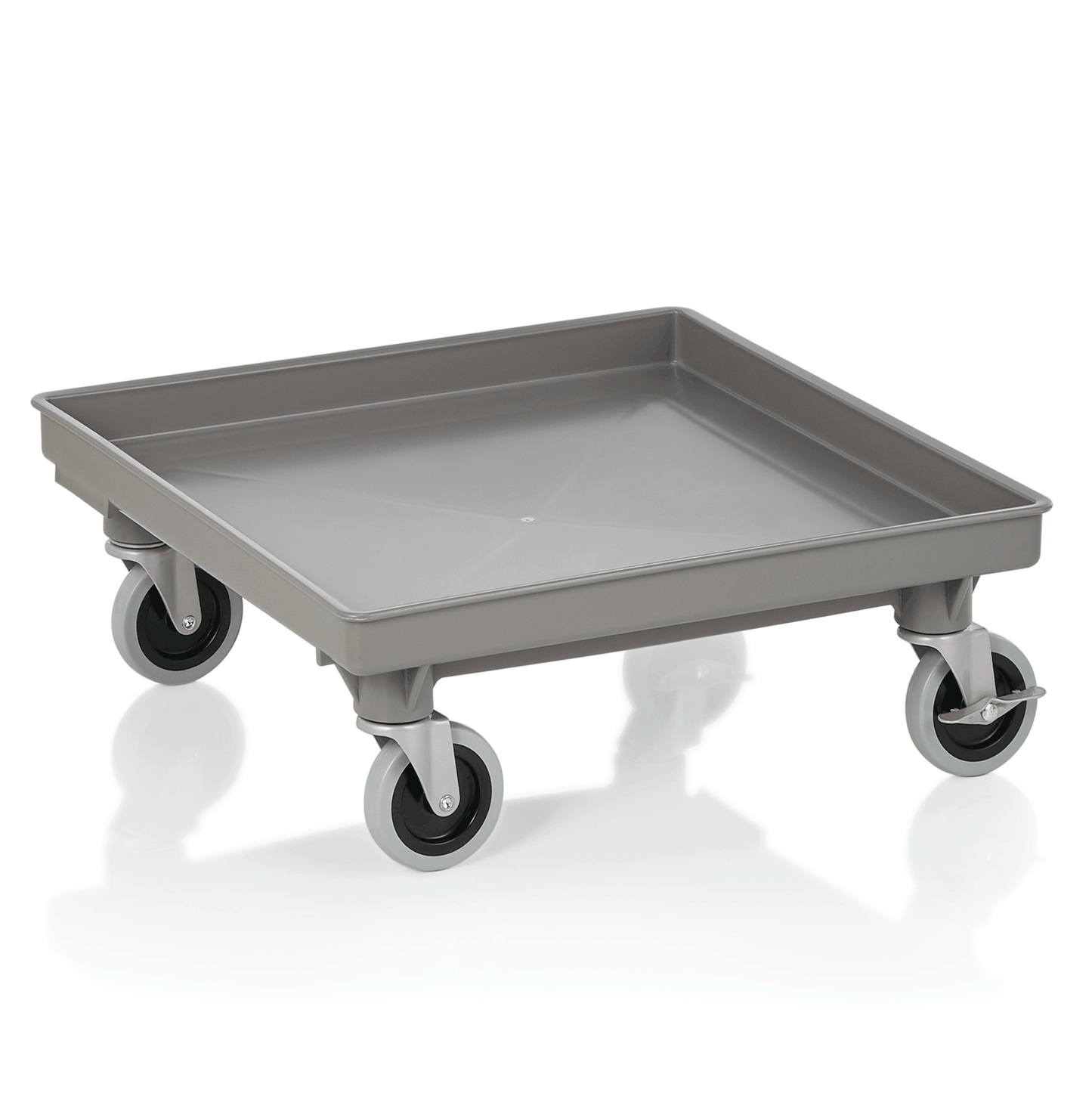 Grauer Rollwagen mit Rollen.