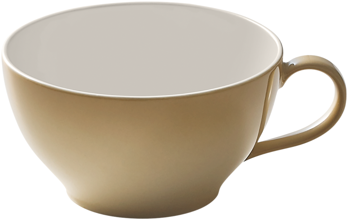 Beige Tasse mit Henkel.