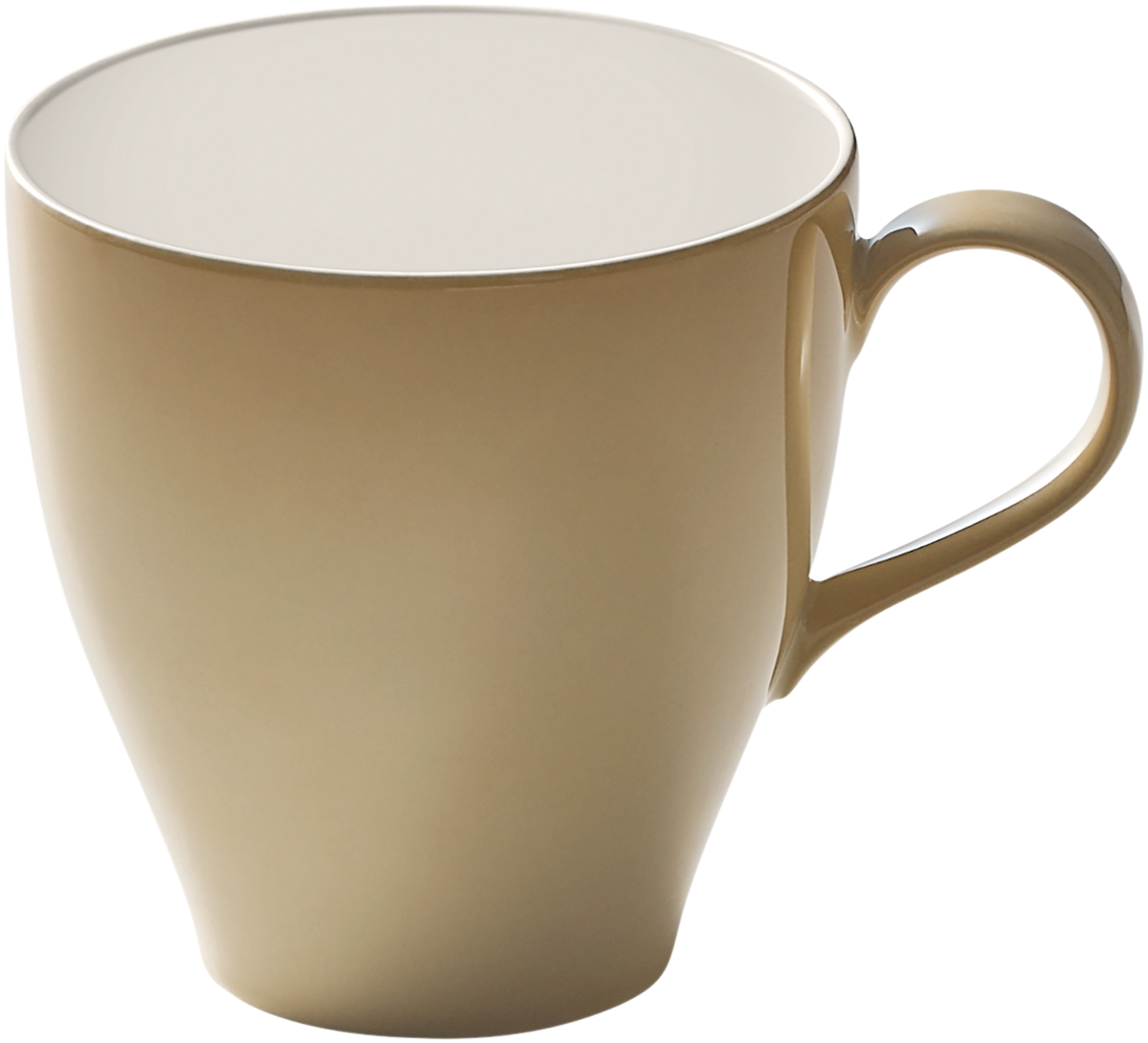 Beige Tasse mit Henkel.