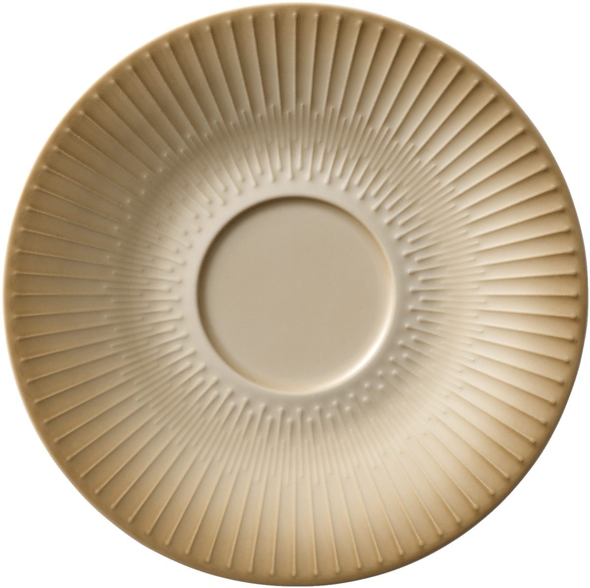 Beige Untertasse mit Rillenmuster.