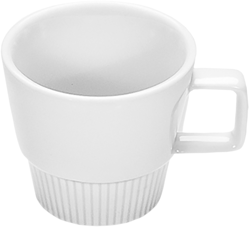Weiße Tasse mit Henkel.