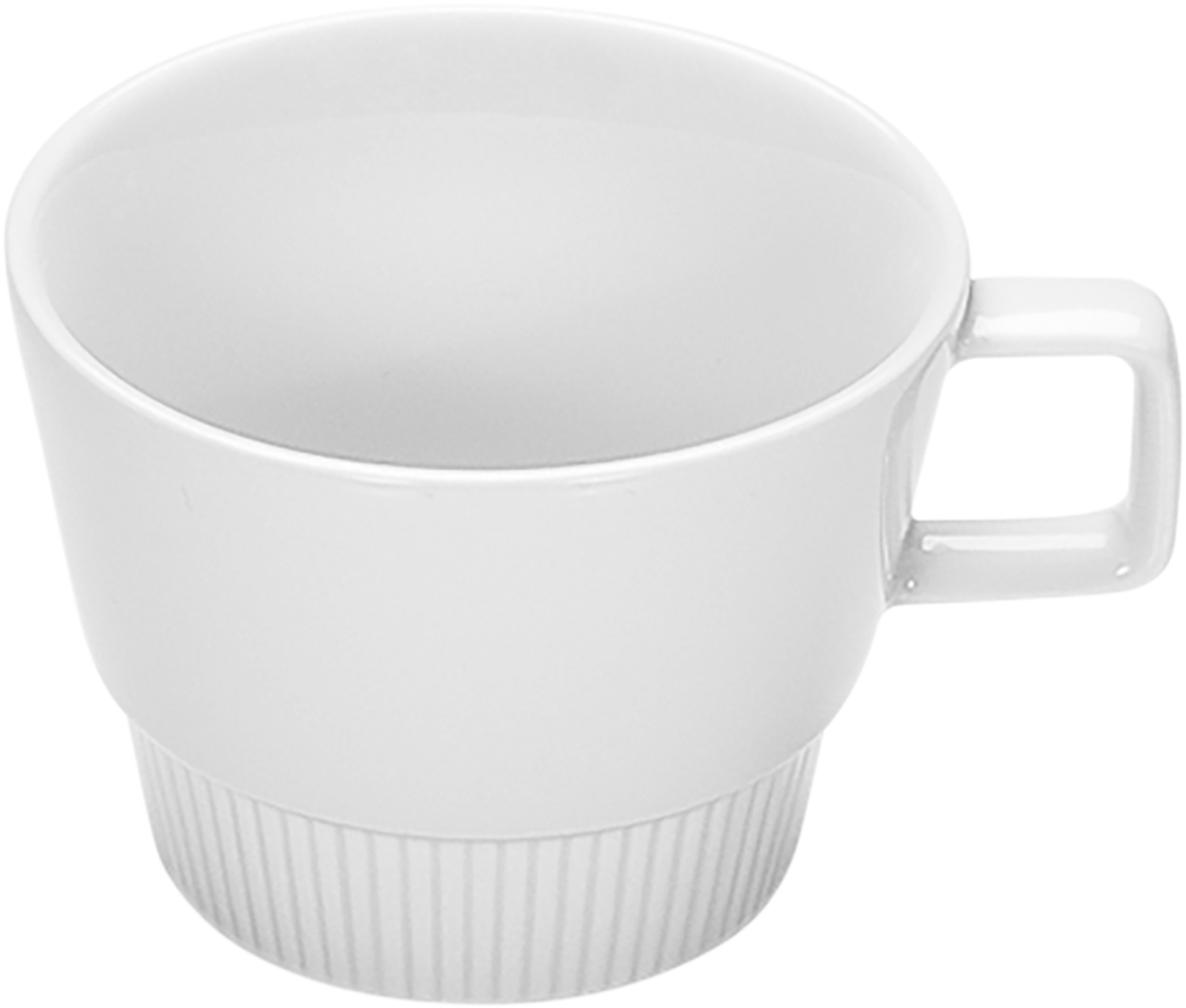 Weiße Tasse mit geriffeltem Boden.