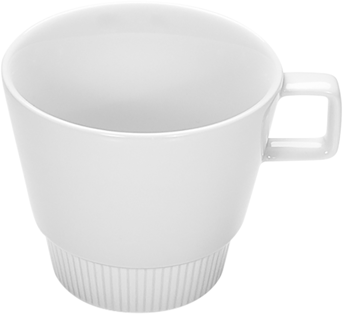 Weiße Tasse mit geriffeltem Boden.