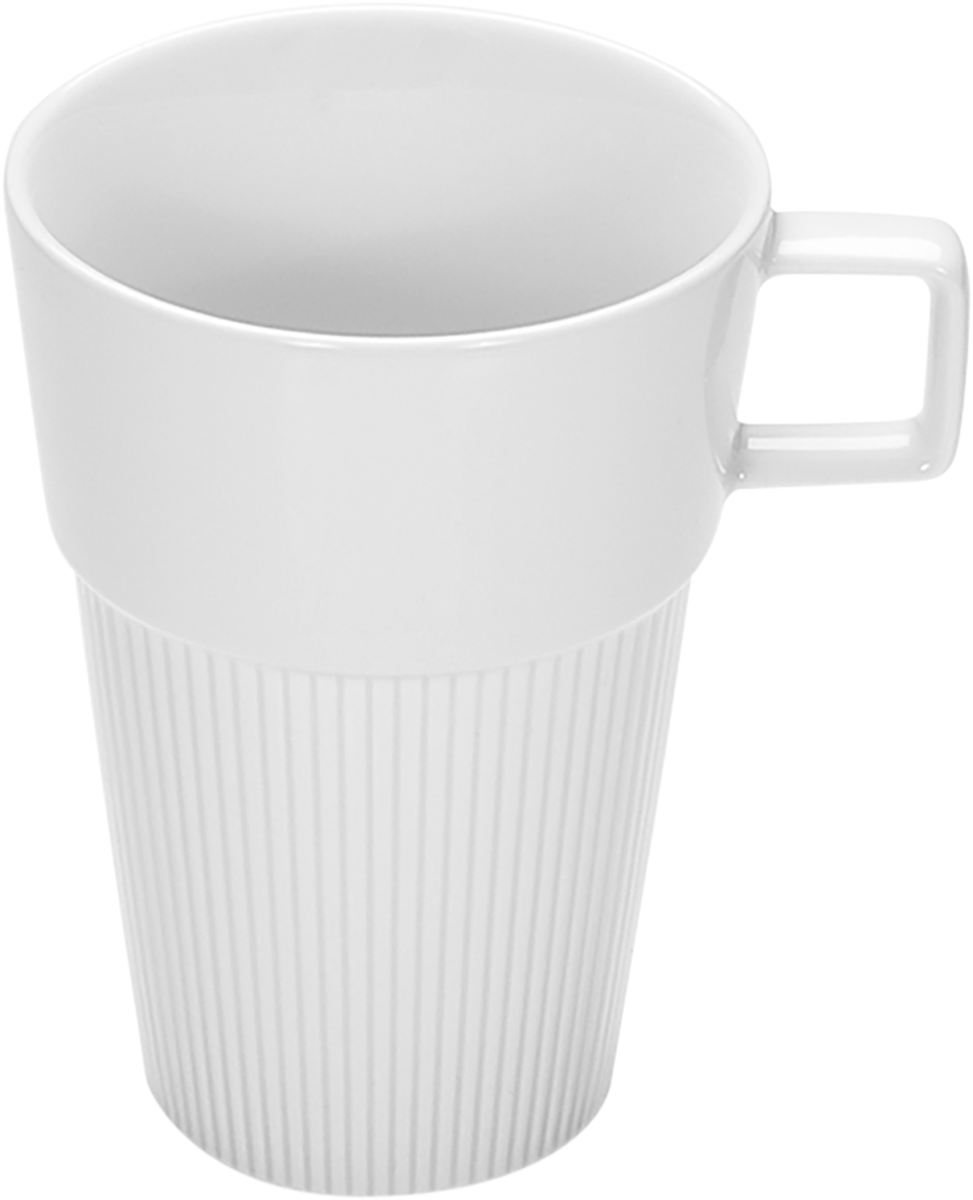 Weiße Tasse mit geriffelter Oberfläche.