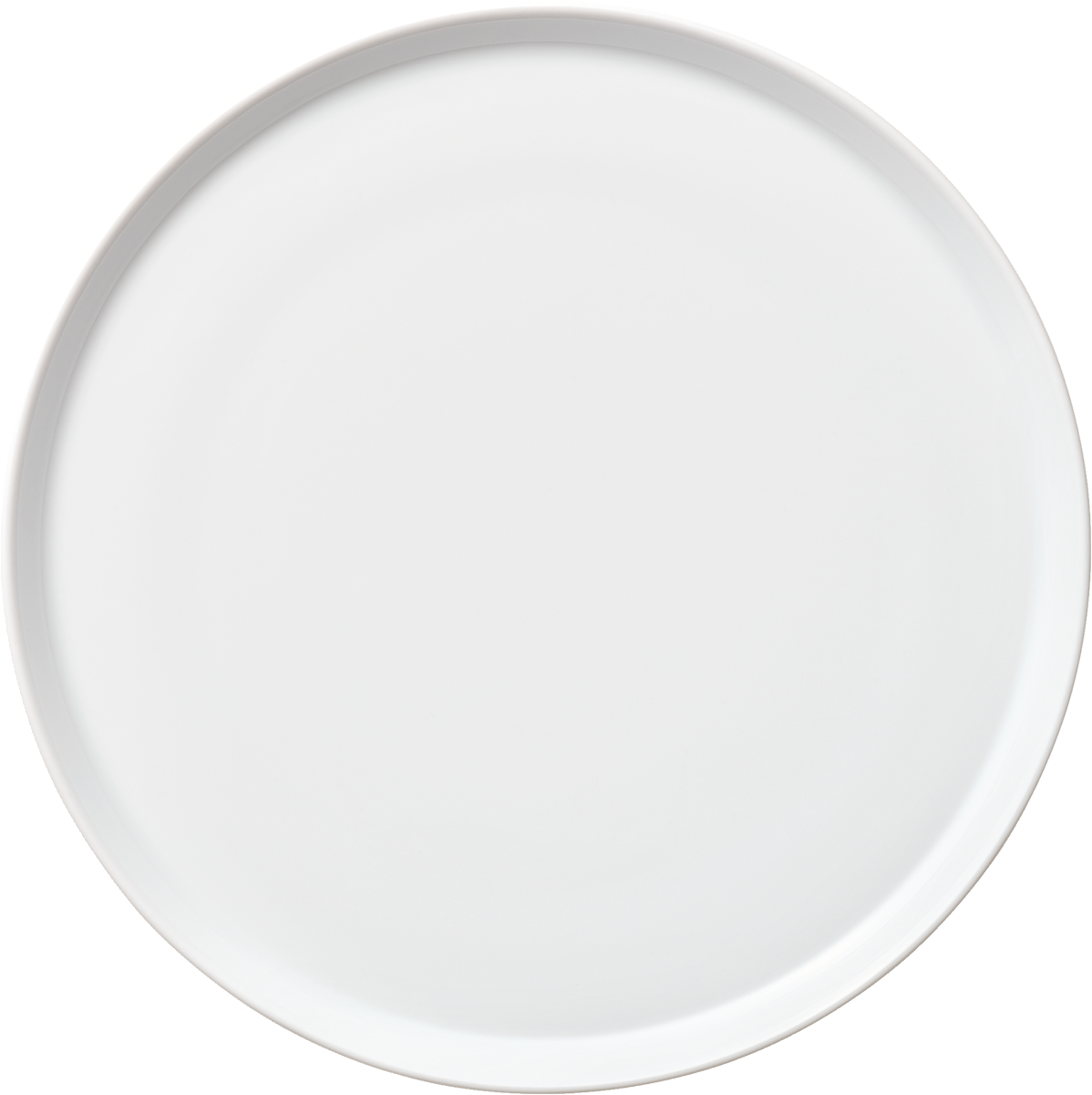 Weiße, flache, runde Porzellanplatte.