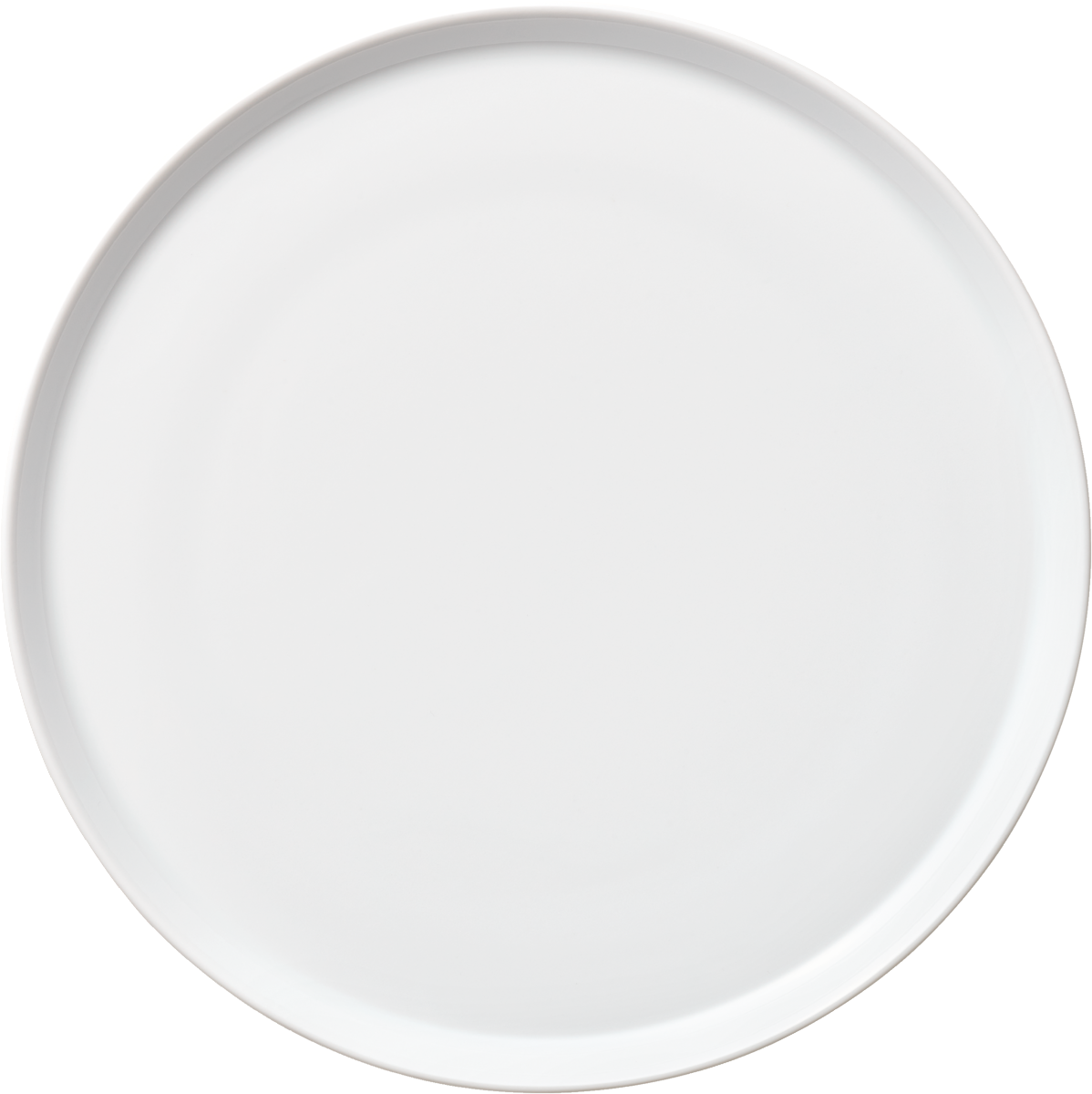 Weiße, flache, runde Porzellanplatte.