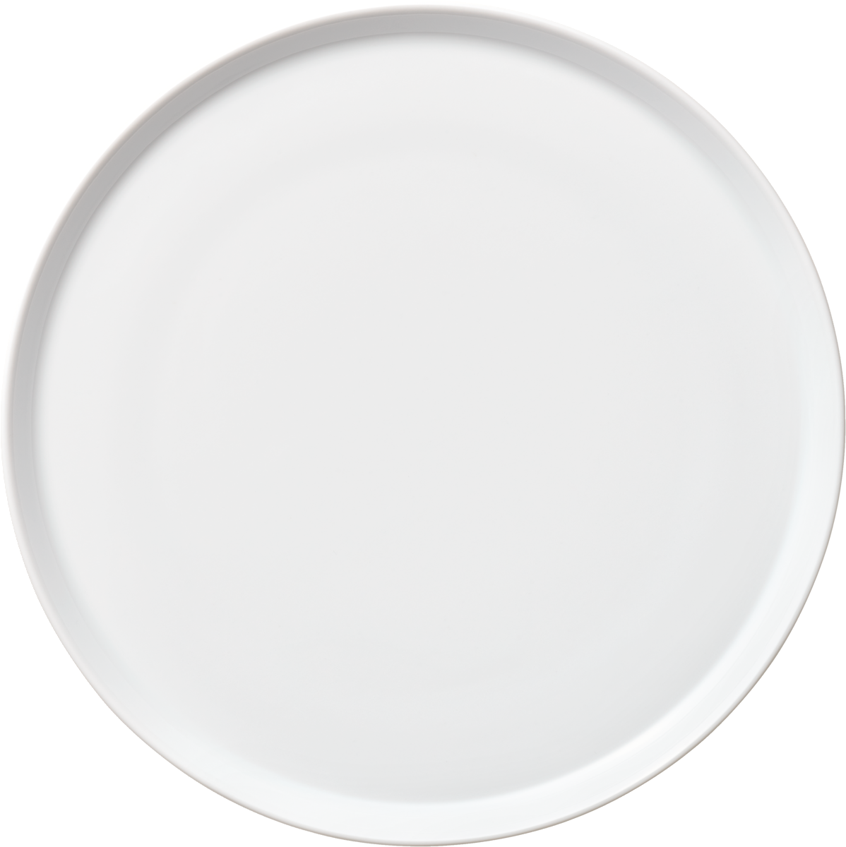 Weiße, flache, runde Porzellanplatte.