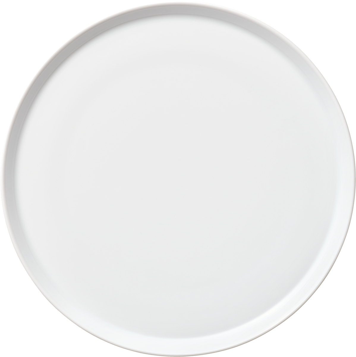 Weiße, runde, flache Porzellanplatte.