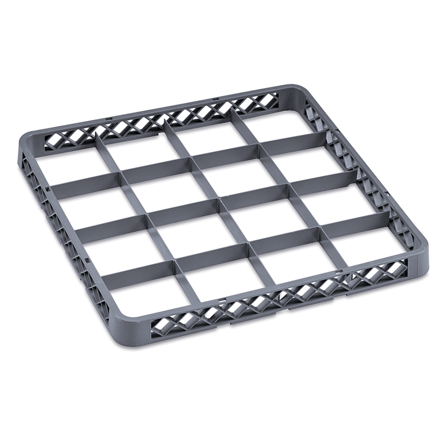 Graues Kunststoff-Rack für Geschirr.