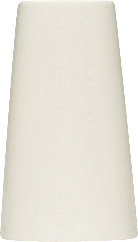 Weißer Porzellanbecher ohne Henkel.
