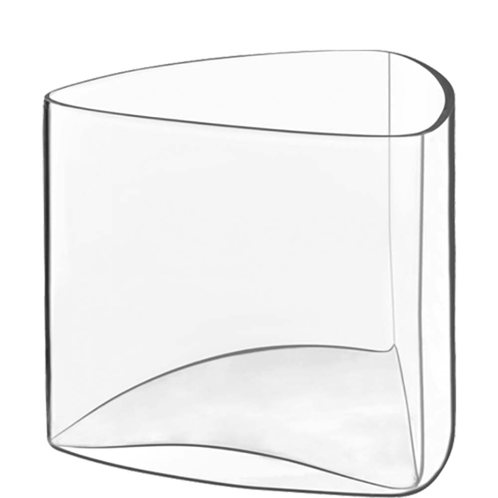 Transparenter, dreieckiger Glasbehälter.