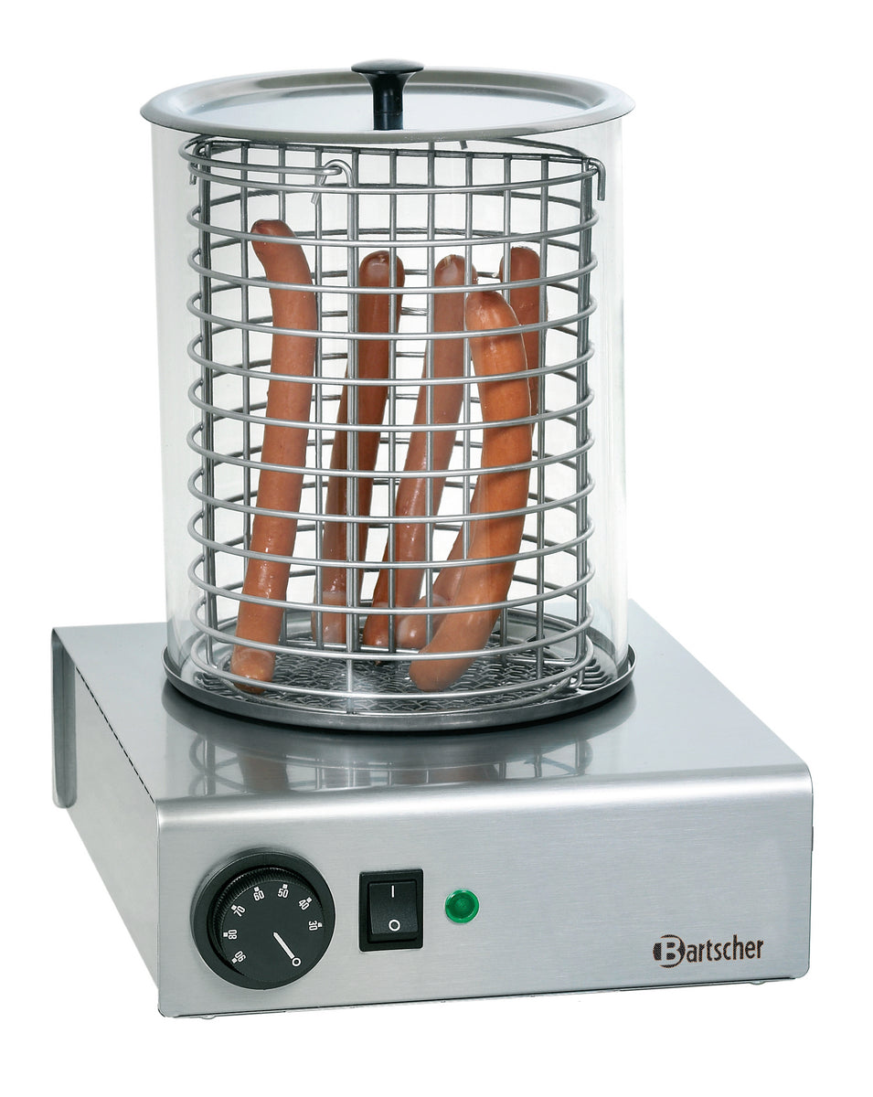 Wurstwärmer mit Würstchen im Gitter.