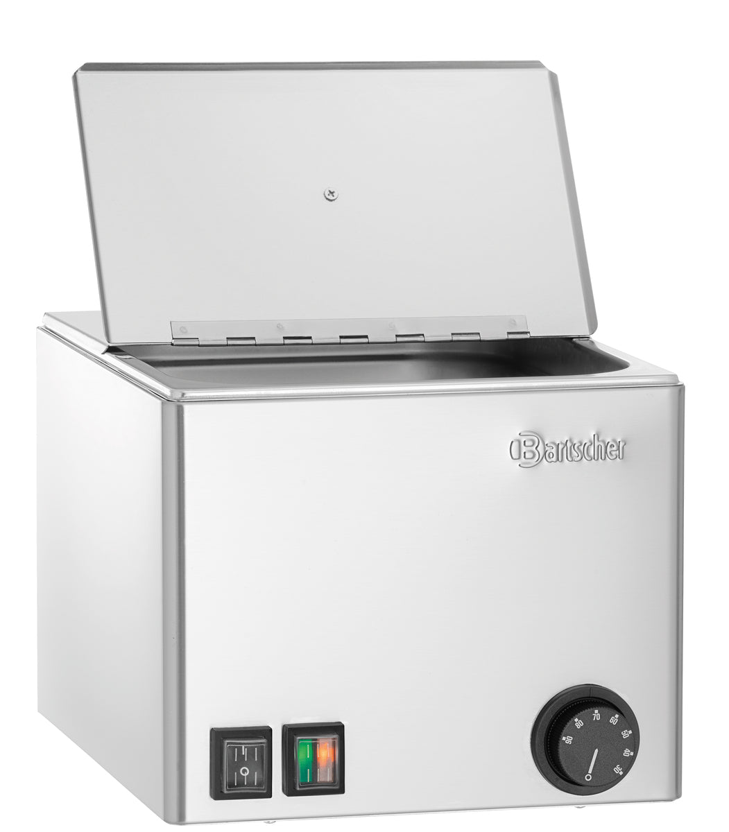 Edelstahl-Warmhaltebehälter mit Temperaturregler.