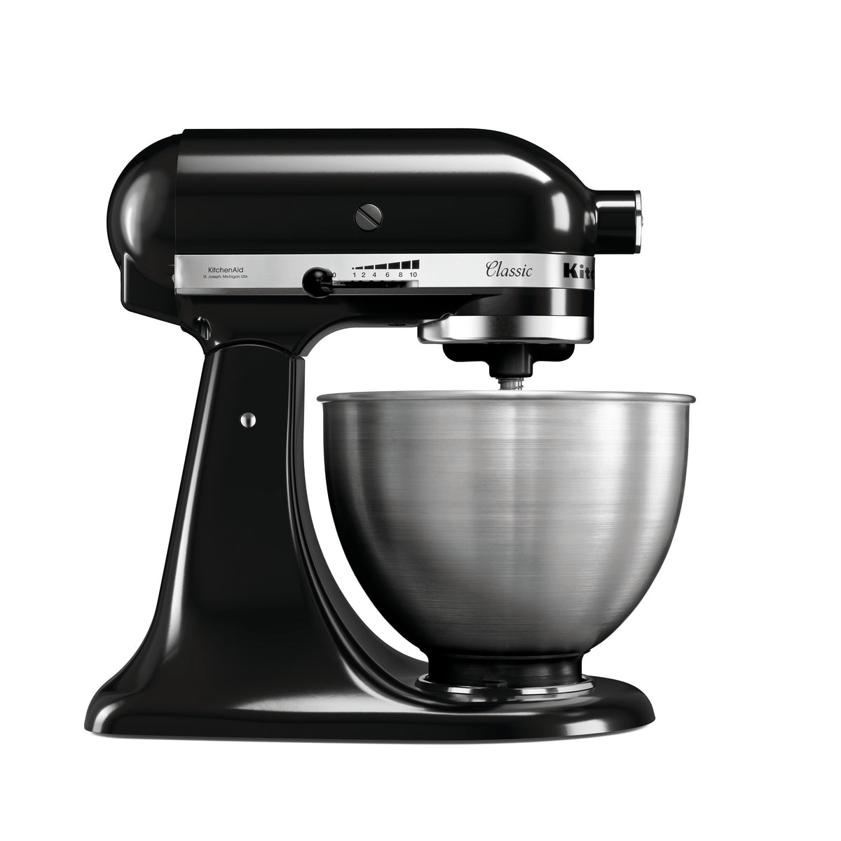 Schwarze Küchenmaschine mit Rührschüssel.