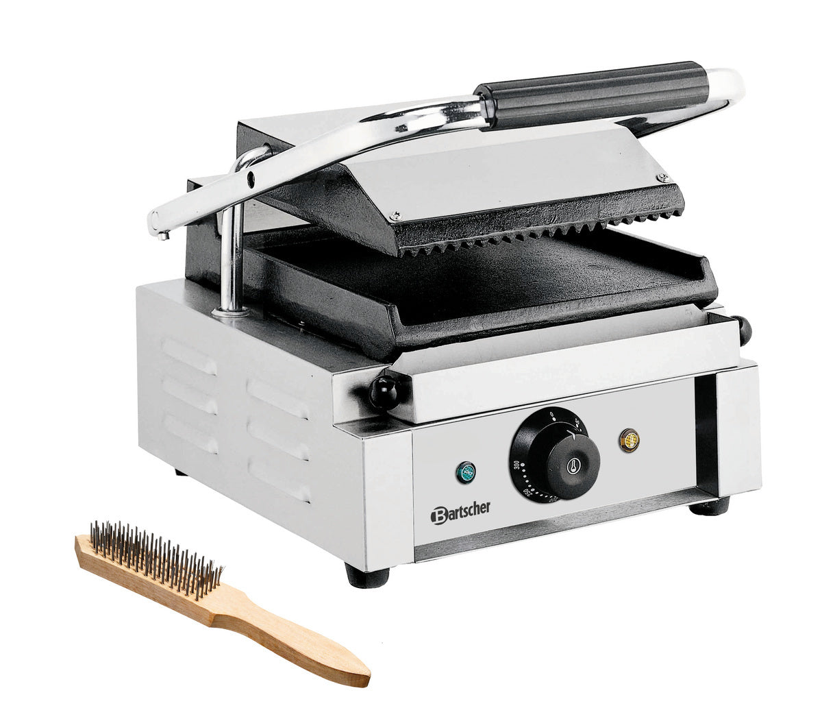 Kontaktgrill mit Reinigungsbürste.