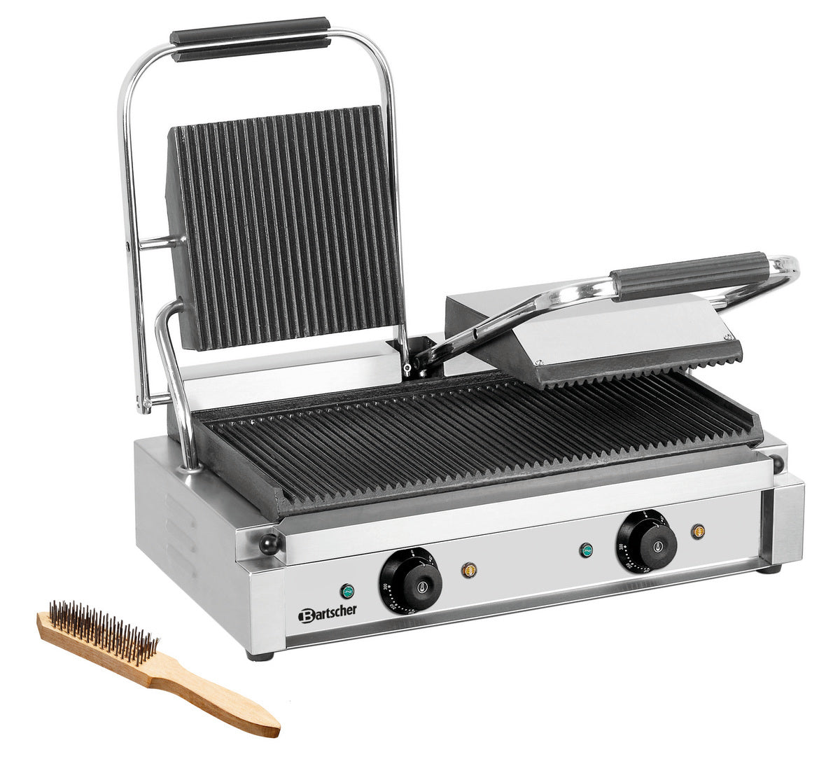 Kontaktgrill mit Reinigungsbürste.