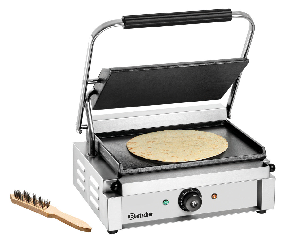 Kontaktgrill mit Tortilla und Bürste.