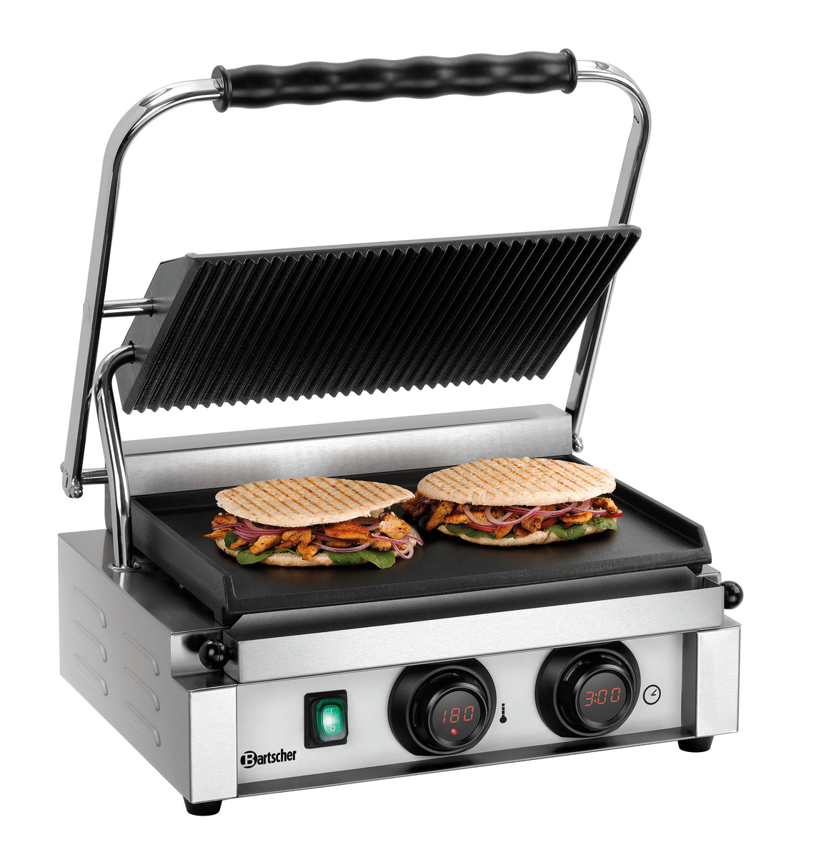 Panini-Grill mit belegten Sandwiches.