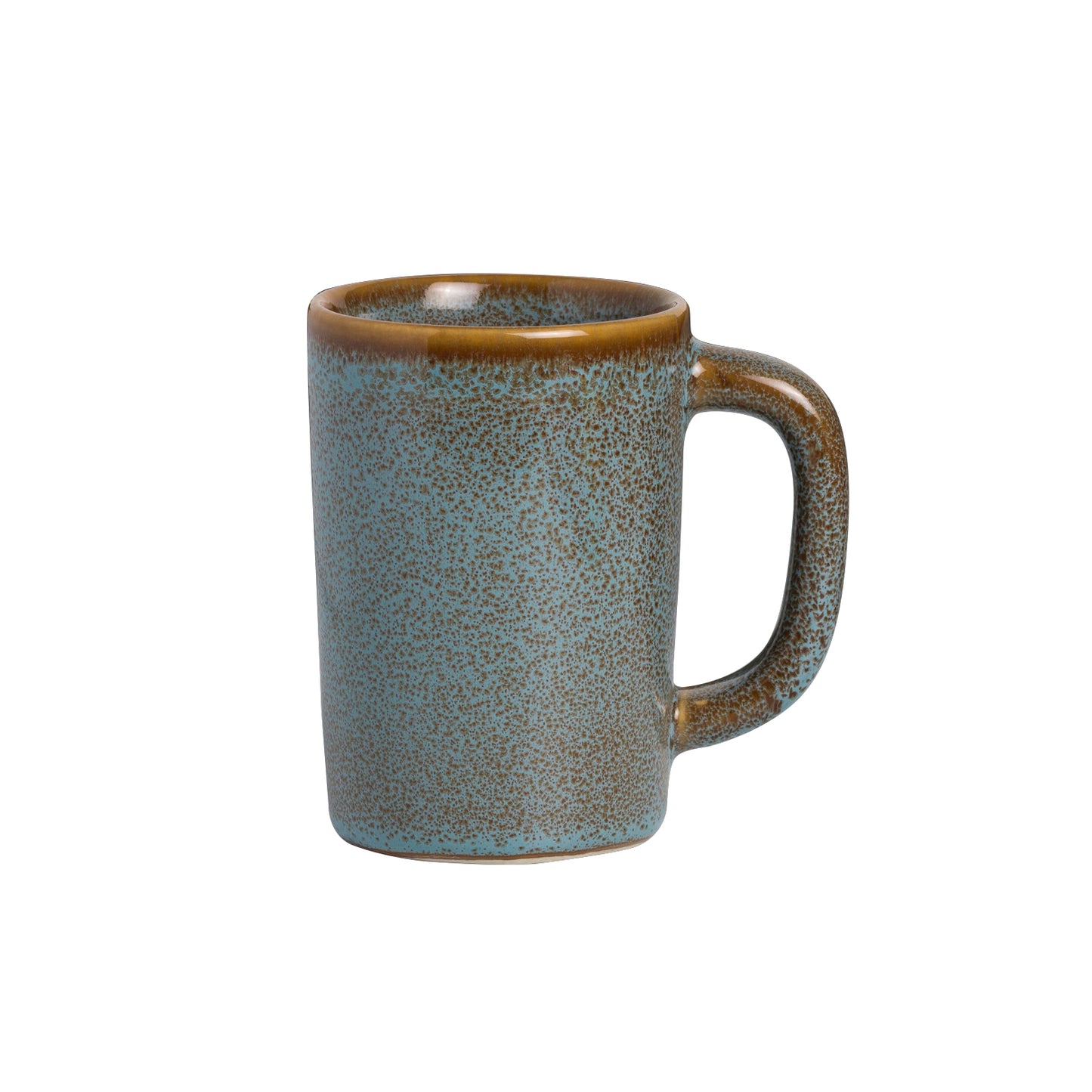 Blaue Keramiktasse mit Henkel.