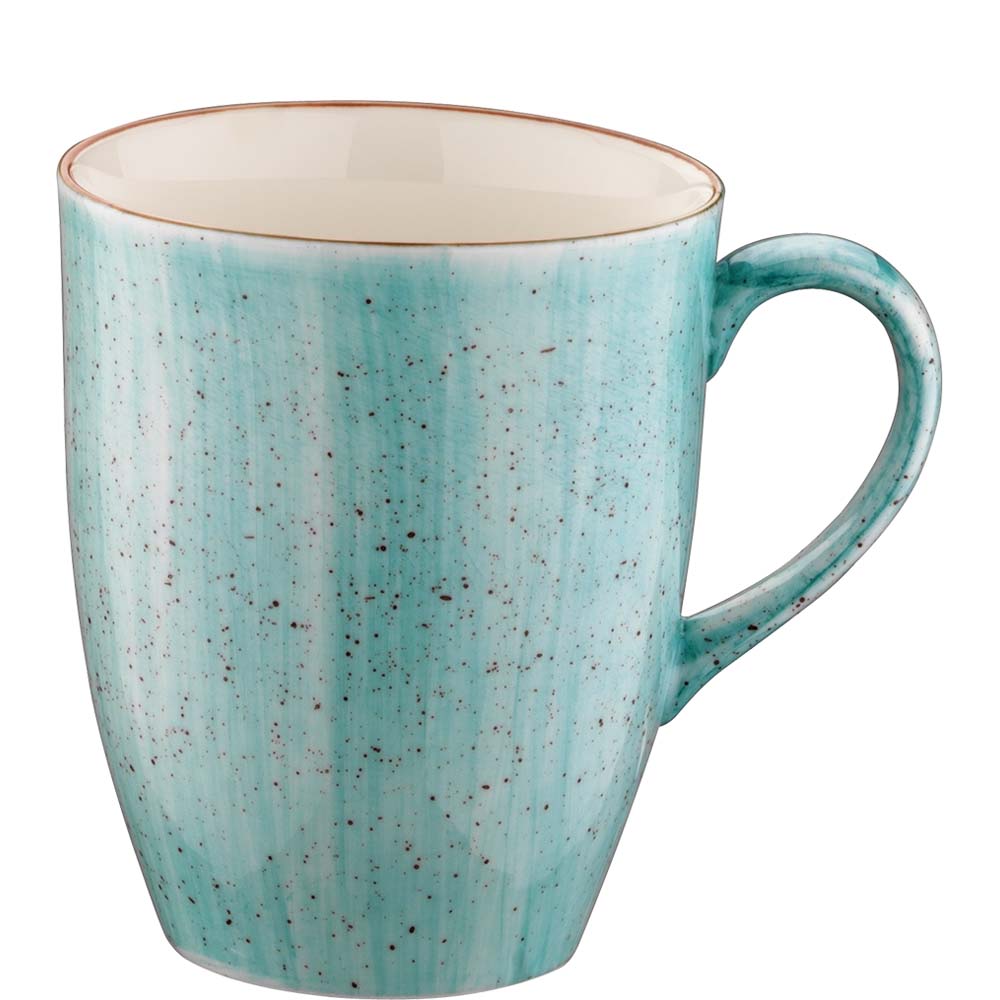 Blaue, gesprenkelte Keramiktasse.