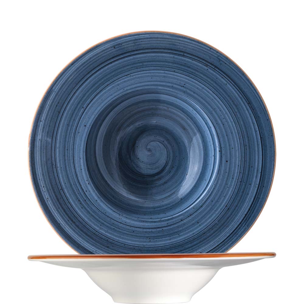 Blauer Teller mit Spiralmuster.